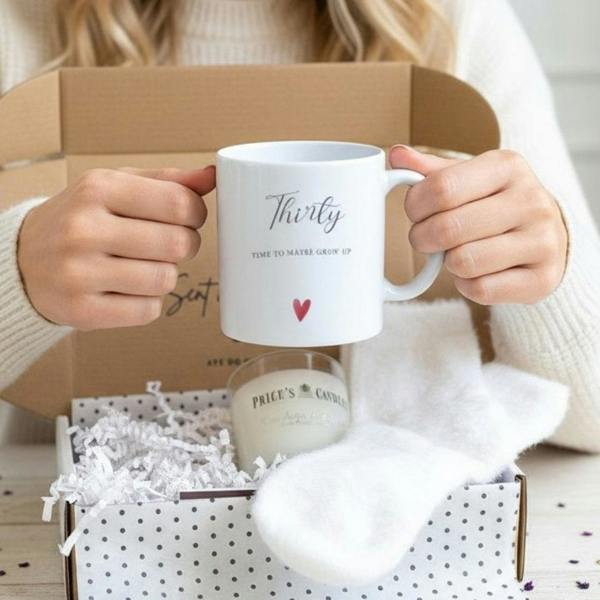 Personalised Thirty Birthday Mug, Candle & Socks Gift Hamper | 30th