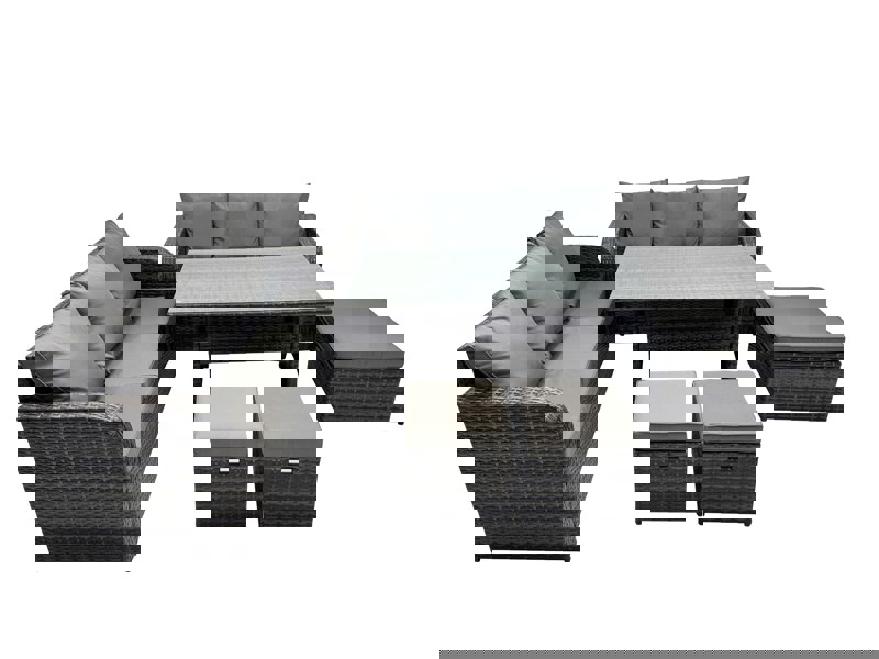 Fimous 9 Seat Outdoor Wicker PE Rattan Garden Furniture Set Dining Table Sofa Set with 3 Stools Dark Grey Mixed