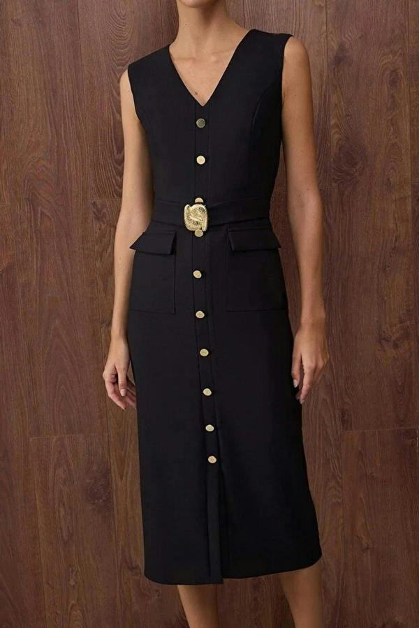 WOVCOR Midi Woven Dress with Belted Accessory Detail