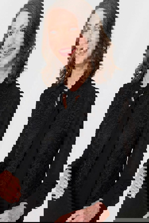 Black | Floral Lace Semi Sheer Textured Blouse
