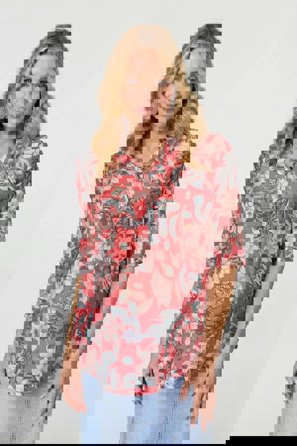 Red | Floral 3/4 Sleeve Relaxed V-Neck Blouse