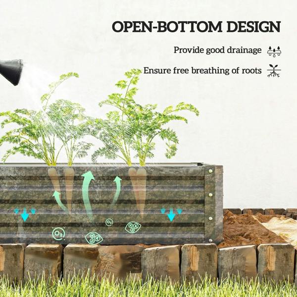 Raised steel garden bed with open-bottom design for airflow and drainage