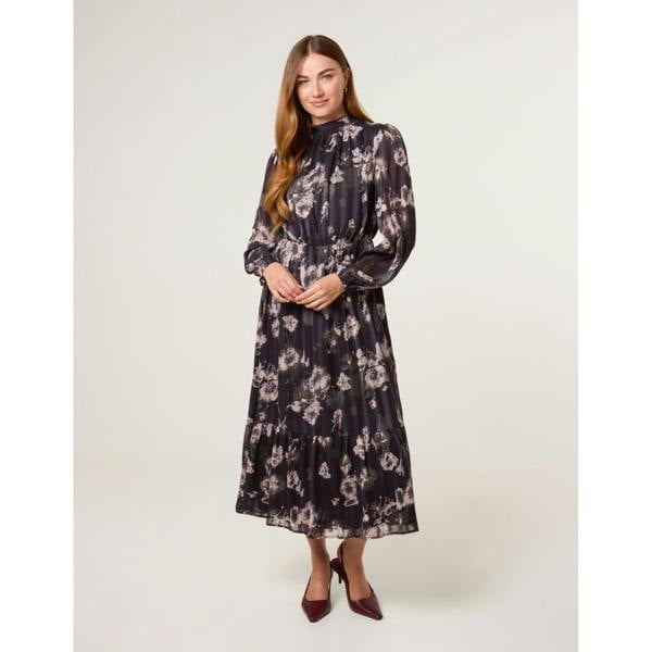 Blue Vanilla High Neck Floral Puffball Pleated Midi Dress