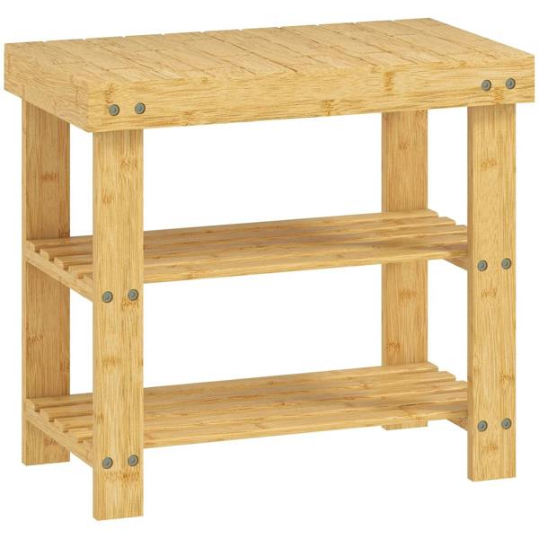 Natural bamboo shoe storage bench with two open shelves and metal corner brackets