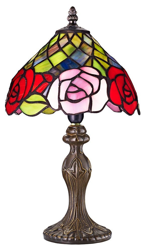 Red and Pink Rose Decorated Stained Glass Tiffany Lamp Image 1