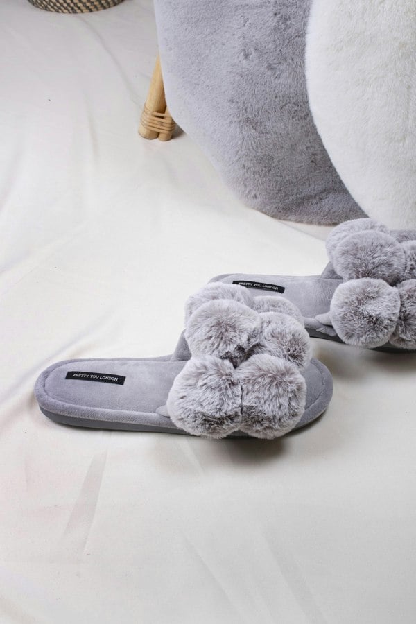 Dolly women's slider slippers in grey with oversized faux fur pom poms from Pretty You London
