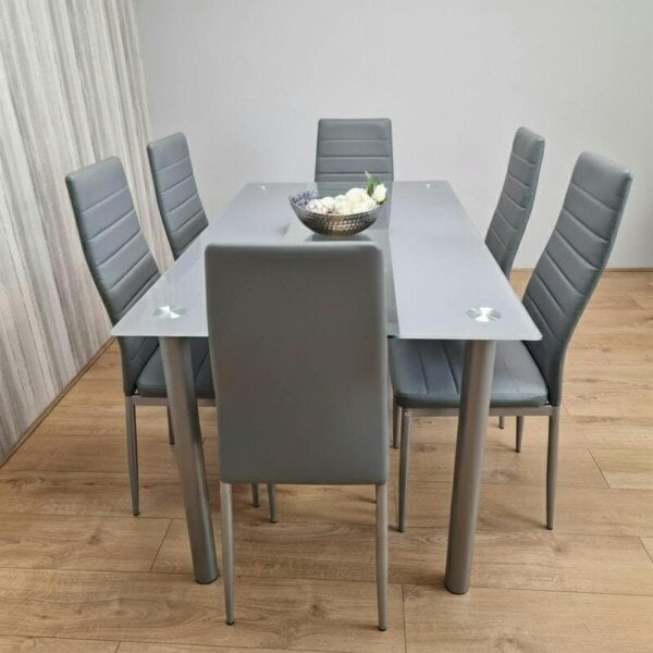 Kosy Koala Grey Glass Dining Table Set with 6 Grey Faux Leather Chairs Modern Dining Furniture