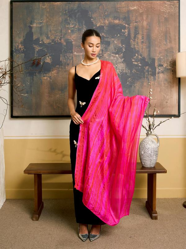 Hot Pink Brushstroke Silk Scarf – Hand-Dyed Mulberry Silk, Beach & Pool Wrap