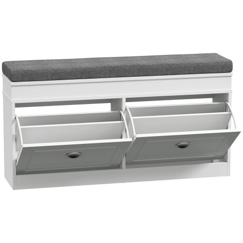 Wyld Haus Nedola Wooden White Shoe Storage Bench With Cushioned Seat 2 Flip Drawers