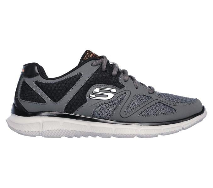 Skechers Verse-Flash Point Mens Sports Gym Walking Lace Up Trainers, grey and black athletic sneakers with mesh and synthetic overlays for comfort and support.