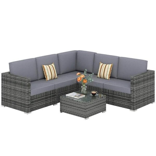 Bobobiy Luxury 5 Seater Rattan Garden Set, 4 Pieces Outdoor Patio Conversation Set with Wide Seats, 220gsm Polyester Cushions, Grey