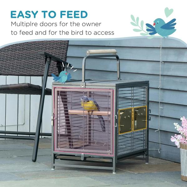 Black metal bird travel cage with side door open and small colorful bird perched inside.