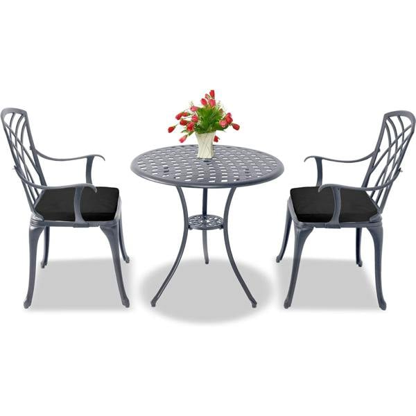 Homeology OSHOWA Grey Aluminium Weatherproof Outdoor Table and 2 Comfortable Chairs with Armrests Bistro Set with Black Cushions