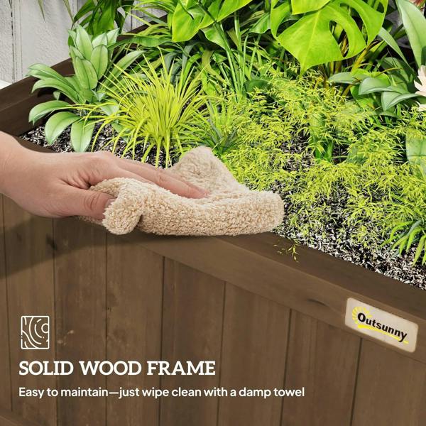 Brown wooden planter frame wiped with cloth; Datsunny label on side