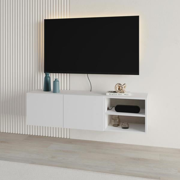 Decortie Modern Conrad TV Unit up to 50 Inch TVs 2 Soft Close Door Entertainment Centre 140cm Living Room Easy Assembly