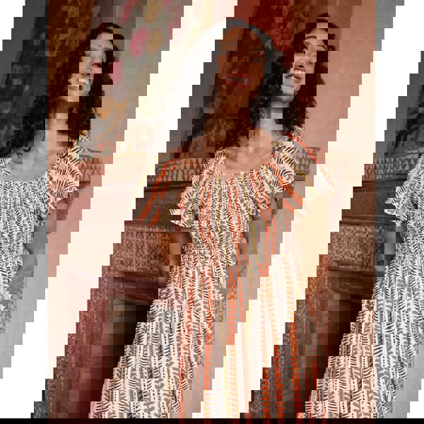 Blue Vanilla Short Sleeve Shirred Waist Abstract Print Dress