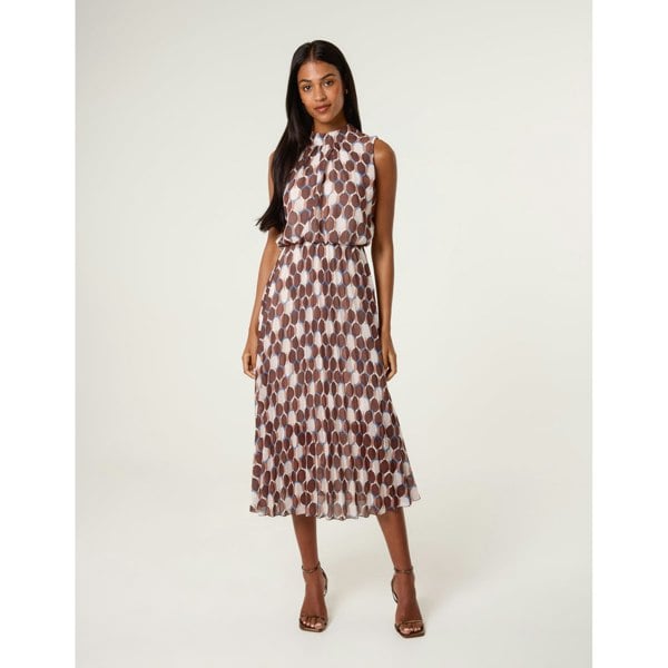 Blue Vanilla High Neck Geometric Print Pleated Dress