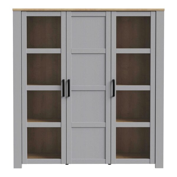 Wyld Haus Bramblecroft Grey and Natural Oak Wood Large Display Cabinet 3 Door