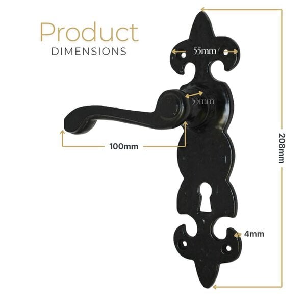 EDH Door Hardware Black Cast Iron Fleur-de-Lys Door Handles – Lever Latch, Bathroom Lock & 3 Lever Lock Sets