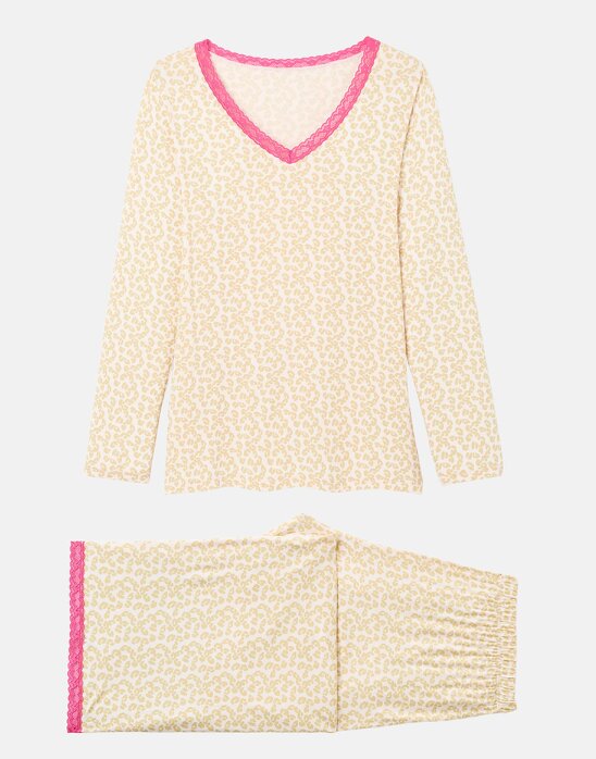 British Boxers Women's Bamboo Lace Relaxed Pyjama Set – Leopard Rose