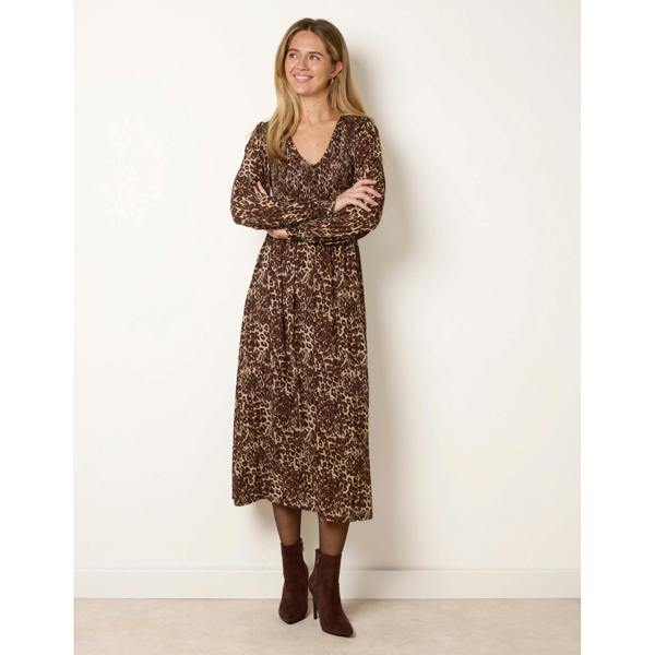 Blue Vanilla Leopard Print Shirred Detailing Button Front V Neck Dress