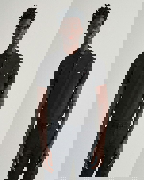 GANT Mens Slim Fit Short Sleeve Shield Logo Pique Polo - 5 Black - CHO - Designer Mens Short Sleeve Polo Shirts