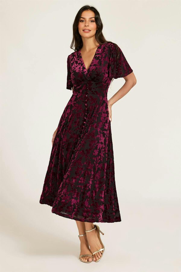 FS Collection Floral Velvet Devore V neckline Dress In Wine