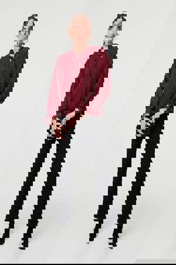 Burgundy | Textured Semi Sheer Frilled Blouse
