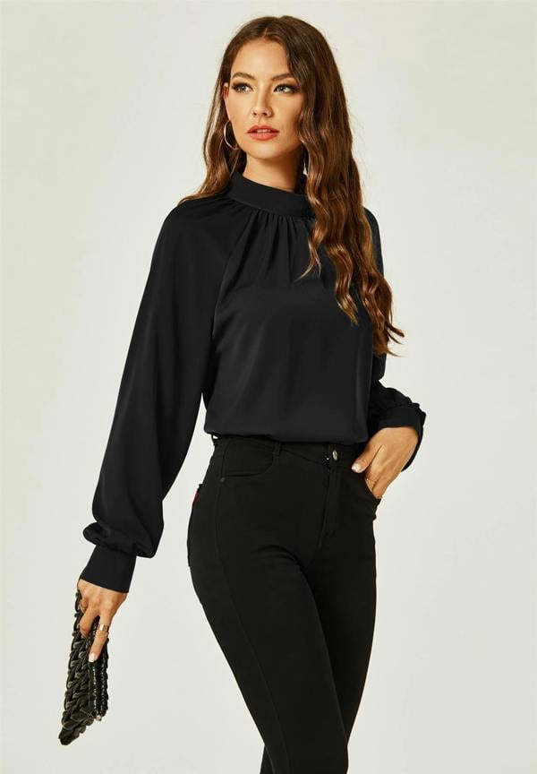 FS Collection Halter Neck Long Sleeve Blouse Top In Black