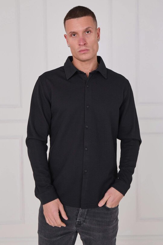 Men's Textured Button-Up Shirt - Black