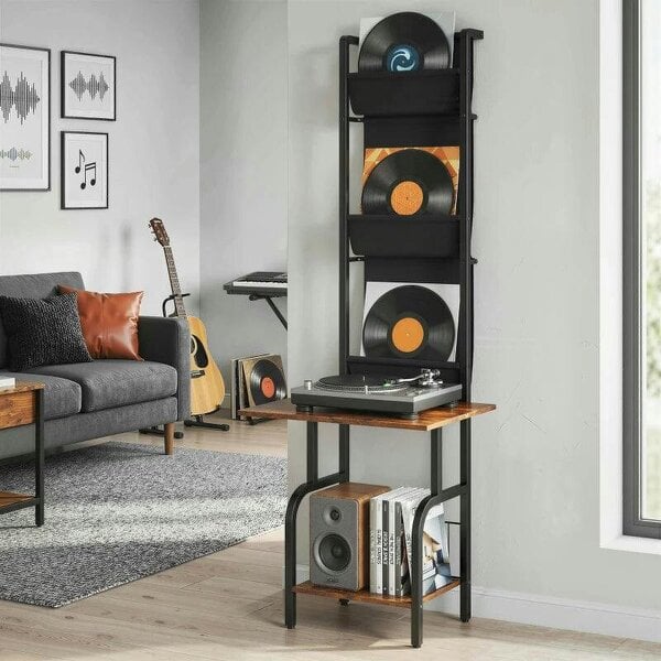 Bobobiy Vinyl Record Player Stand Record Storage with Player Stand Oxford Fabric Pockets Bottom Shelf Rustic Brown and Black