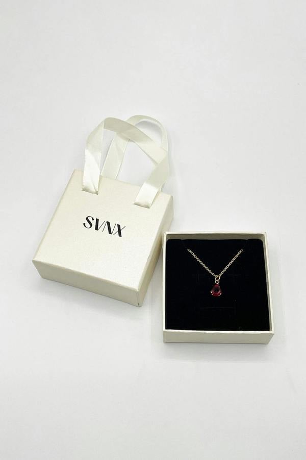 SVNX Rhinestone Teardrop Pendant Necklace in Red - Gift Boxed