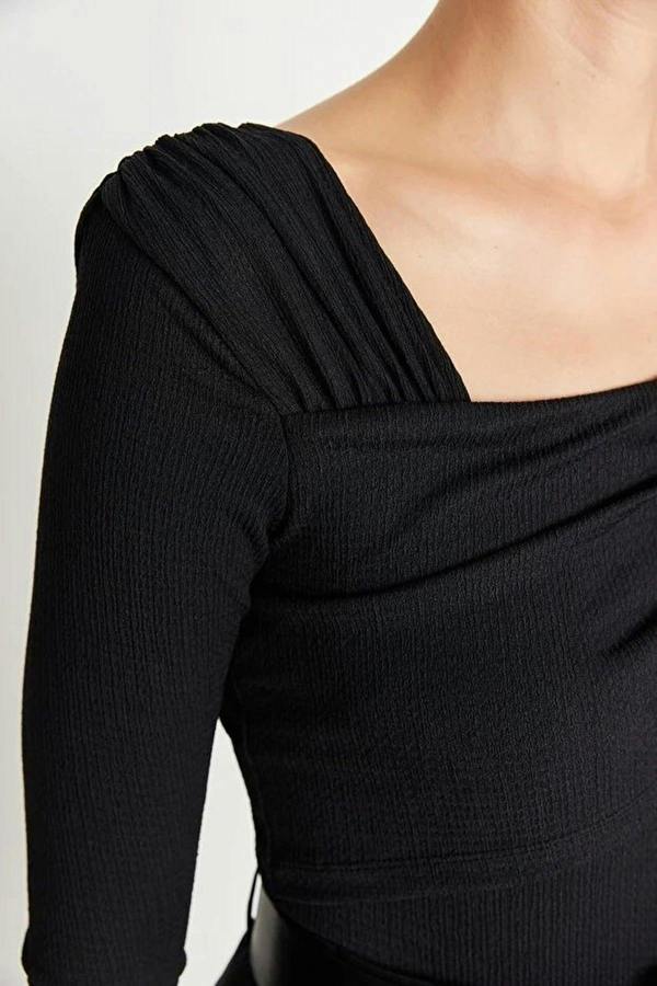 WOVCOR Asymmetrical Collar Draped Knit Bodysuit