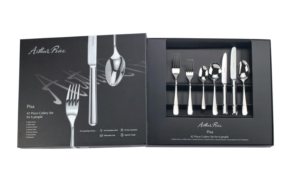Arthur Price Signature 'Pisa' Stainless Steel 42 Piece 6 Person Promotional Boxed Cutlery Set for Luxury Home Dining