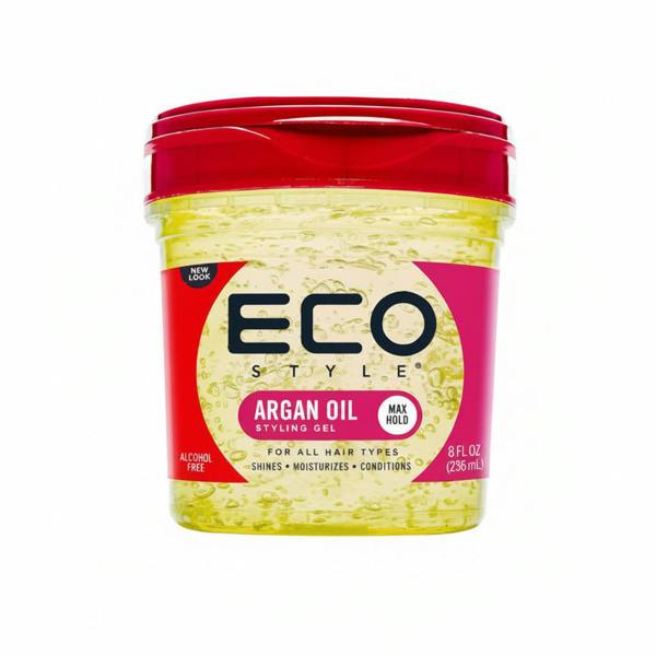 Eco Styler Moroccan Argan Oil Styling Gel 16oz jar with a new look for all hair types, alcohol-free, moisturizes and conditions