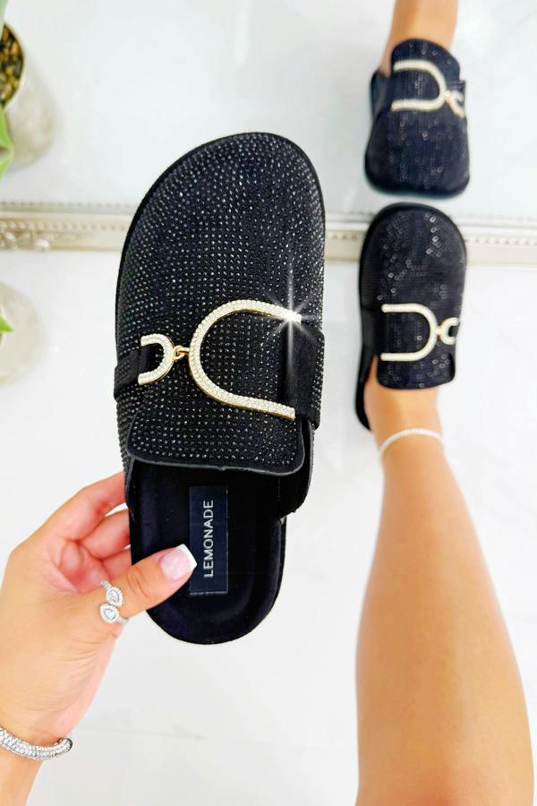 Love Lemonade Crystal Imperial Suede Slip On Clog Mules Black