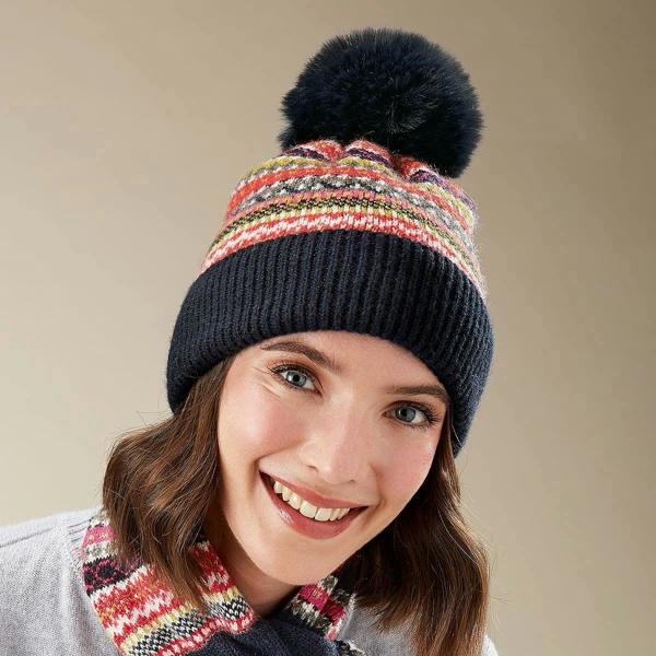 Pia Fair Isle Knit Hat, Red & Lime Bobble Hat with Faux Fur Pompom