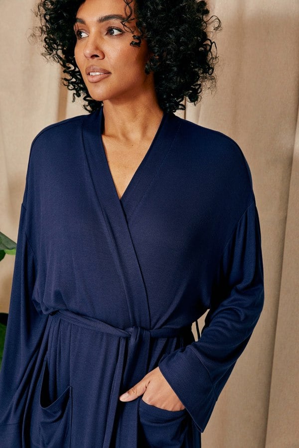 Pretty You London Women's EcoVero Ribbed Robe Dressing Gown in Midnight