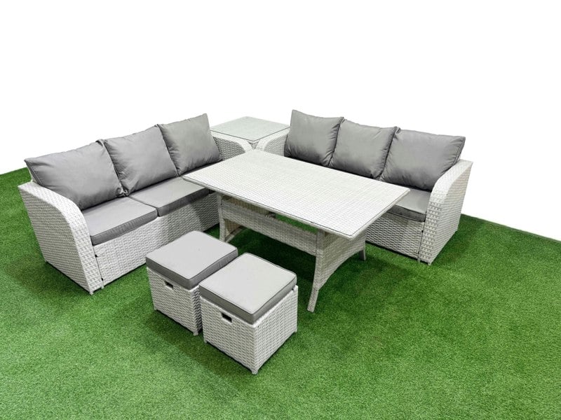 Fimous 8 Seater Rattan Outdoor Sofa Set - Light Grey Wicker with Rectangular Dining Table, High Back Lounge Sofa & Stools