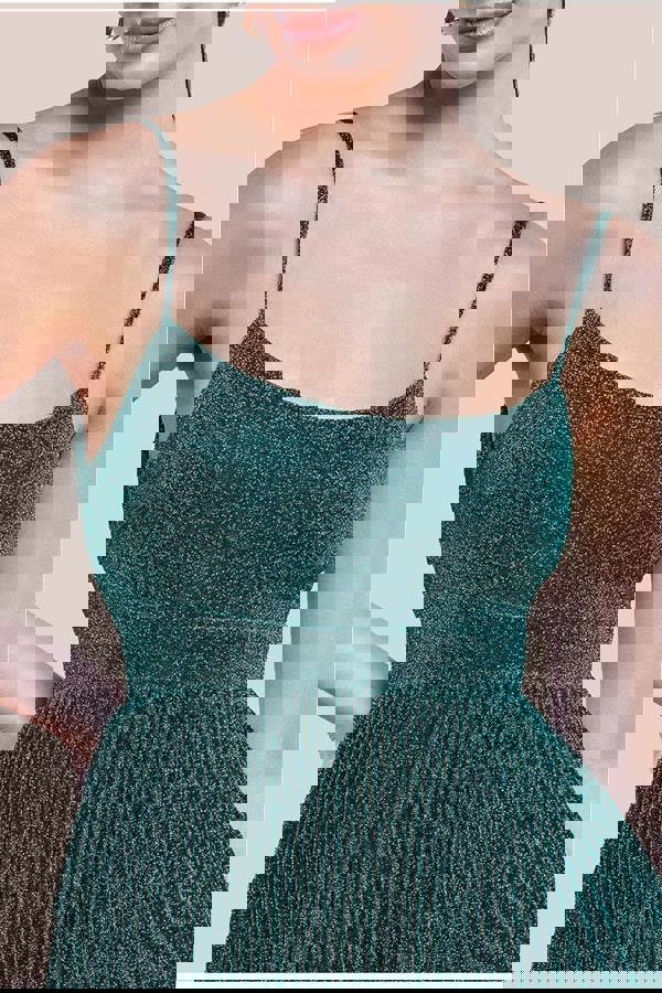 Tie Back Pleated Lurex Skater Midi Dress - Emerald DR4246