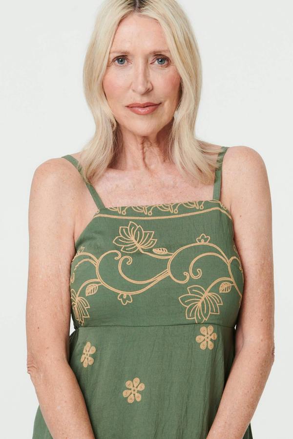 Green | Floral Embroidered Cami Strap Midi Dress