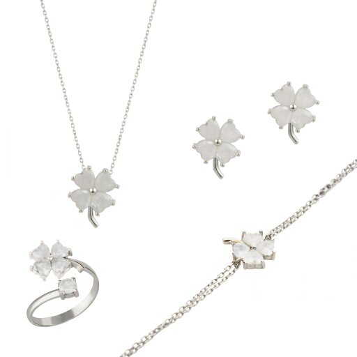 Spero London Best of Luck Four Leaves Clover Sterling Silver Bracelet Necklace Ring and Stud Earring Set - White Full Set - Silver
