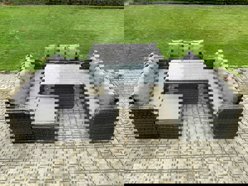 Fimous Patio Garden Dining Set Outdoor Rattan Furniture Lounge Sofa Height Adjustable Rising lifting Table With Big Footstool Dark Grey Mixed