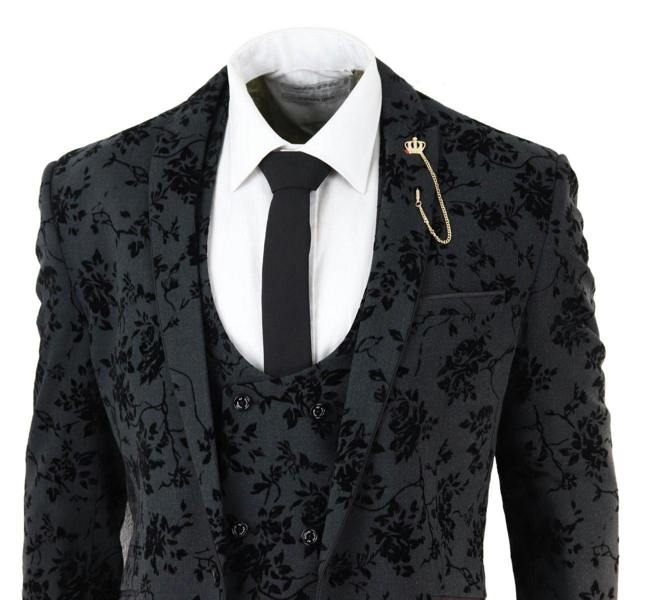 House of Cavani Mens 3 Piece Black Paisley Velvet Dinner Suit
