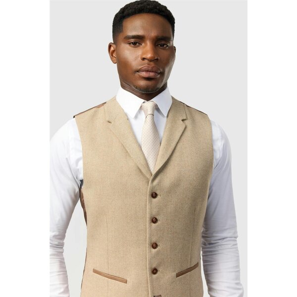 Antique Rogue Slim Fit Baxter Camel Herringbone Tweed Waistcoat
