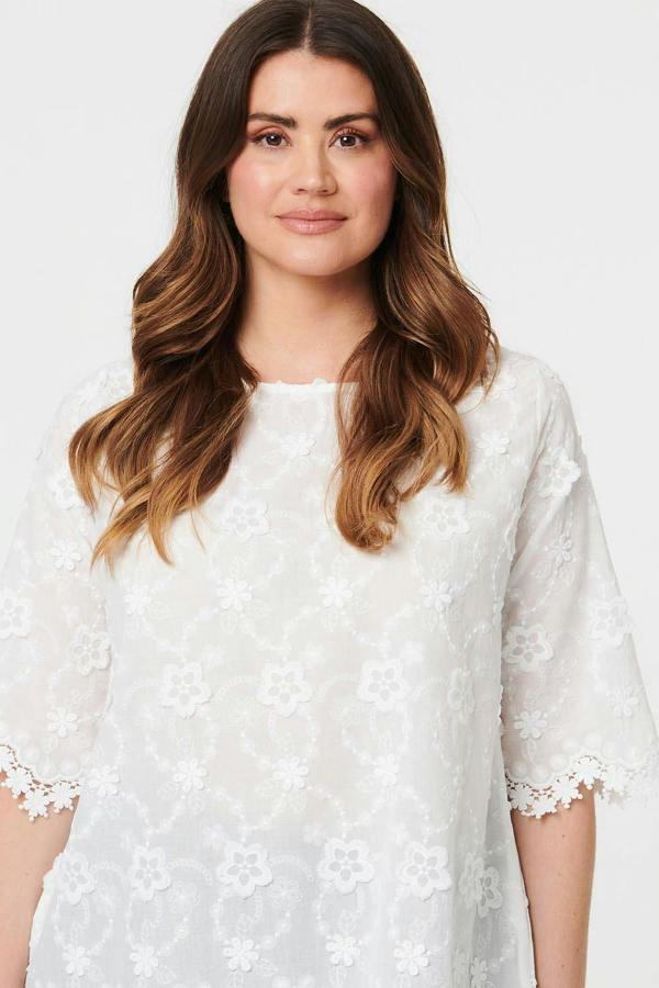 White | Floral Embroidered Lace 1/2 Sleeve Top
