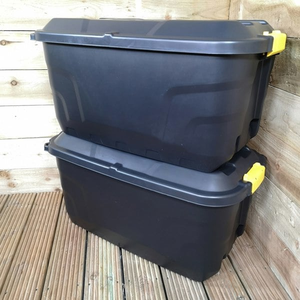 Samuel Alexander 2 x 75L Heavy Duty Trunks on Wheels Sturdy, Lockable, Stackable and Nestable Design Storage Chest with Clips in Black