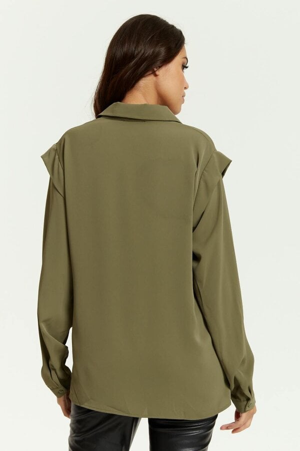 Hoxton Gal Relaxed Fit Shoulder Detailed Long Sleeves Shirt in Khaki