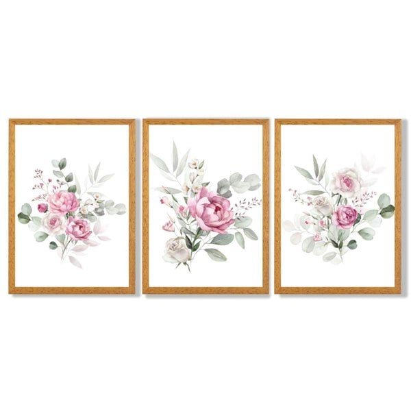 Set of 3 Pink Roses with Eucalyptus Bouquets Framed Art Prints with Oak Wooden Frames