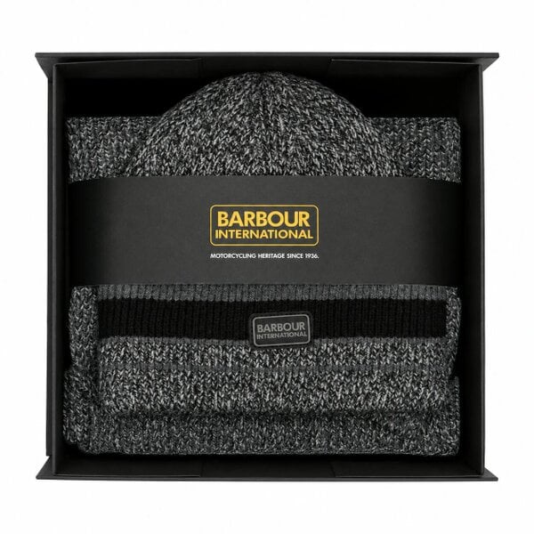 Barbour International Boston Beanie Hat & Scarf Gift Box Set Black/Grey